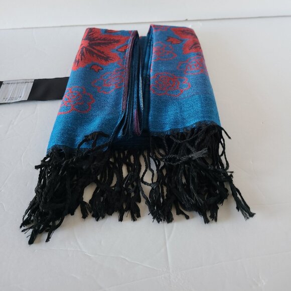 JACQUARD PASHMINA SCARF 26'' W X 70'' L-- NWT --BLUE /RED-FLORAL - Picture 3 of 4